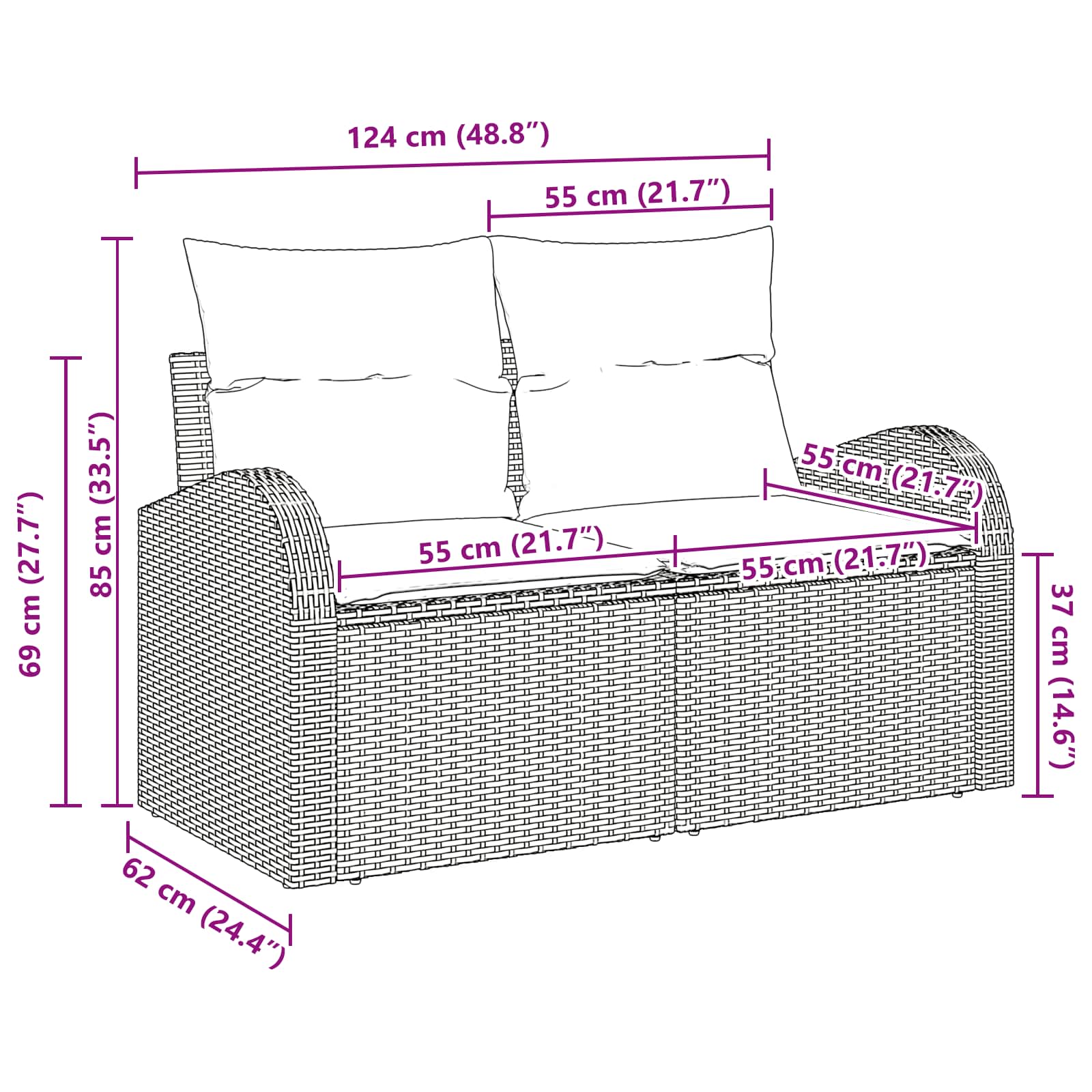 Gartensofa Schwarz 124 x 62 x 85cm Poly-Rattan