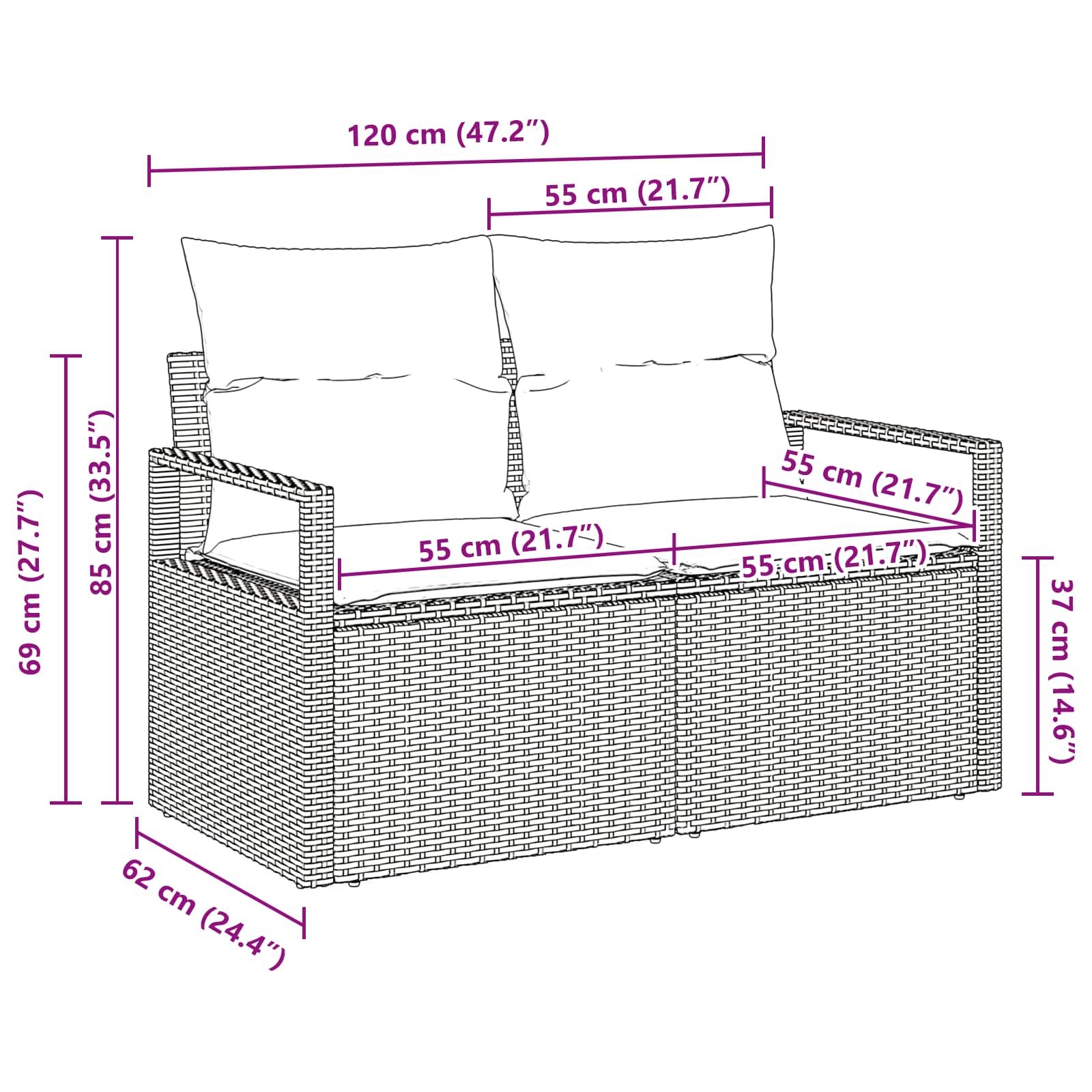 Garten-Sofa mit Kissen 120 x 62 x 69 cm Poly-Rattan
