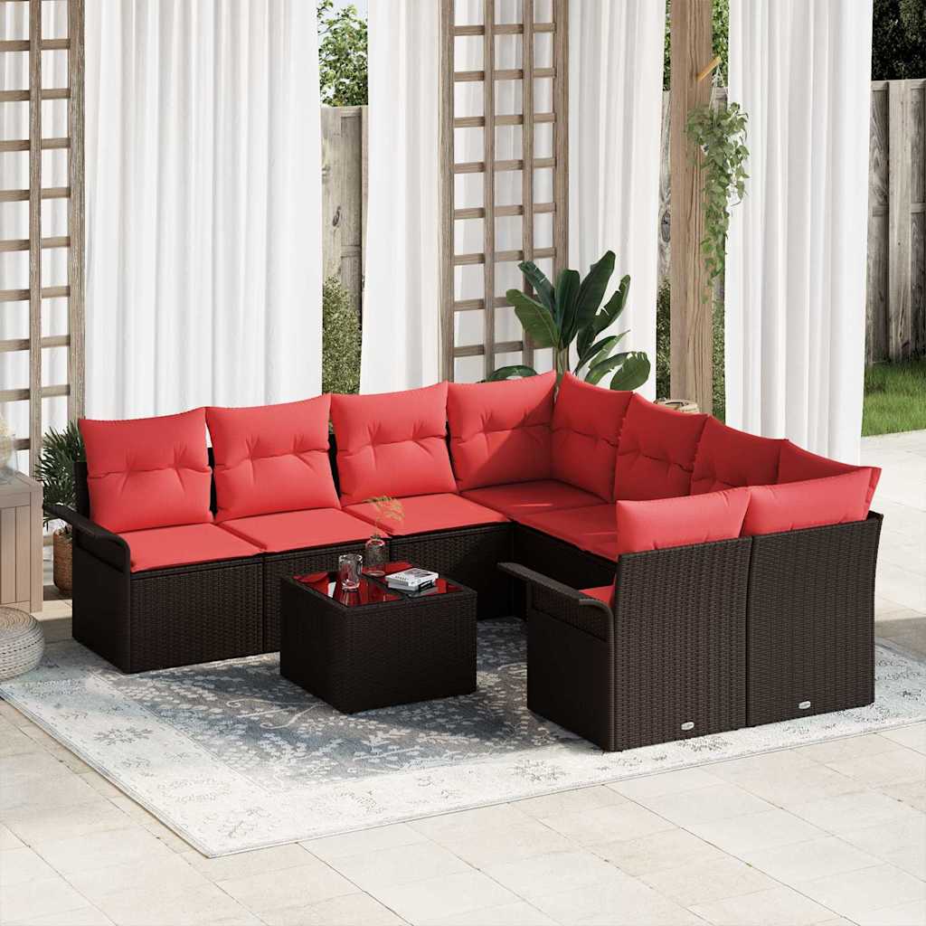Gartensofa-set mit Kissen 9 pcs Braun und Rot Poly-Rattan