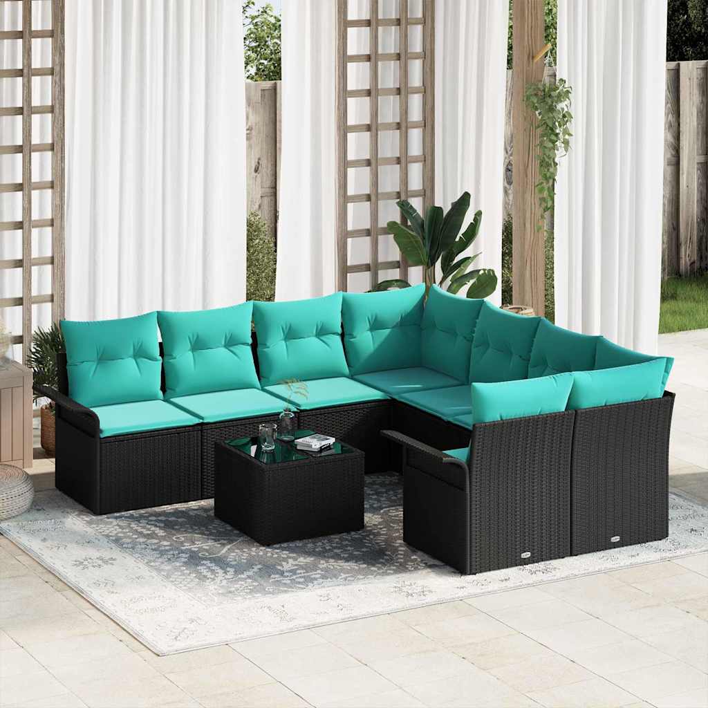 Gartensofa-set mit Kissen 9 pcs Schwarz Poly-Rattan