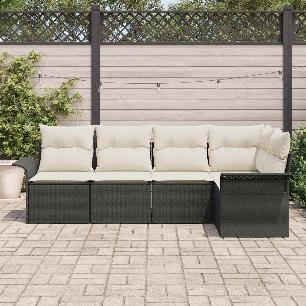 Gartensofa-set mit Kissen 5 pcs Schwarz Poly-Rattan
