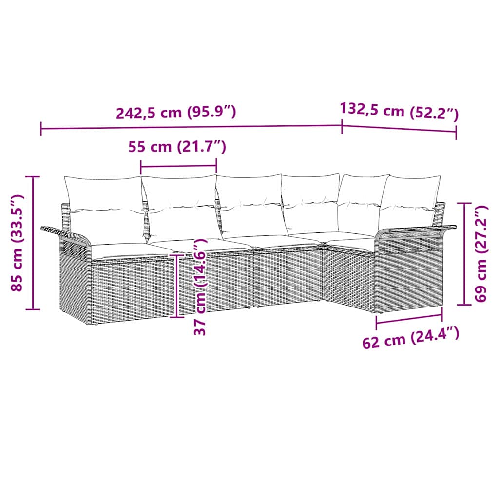 Gartensofa-set mit Kissen 5 pcs Grau Poly-Rattan