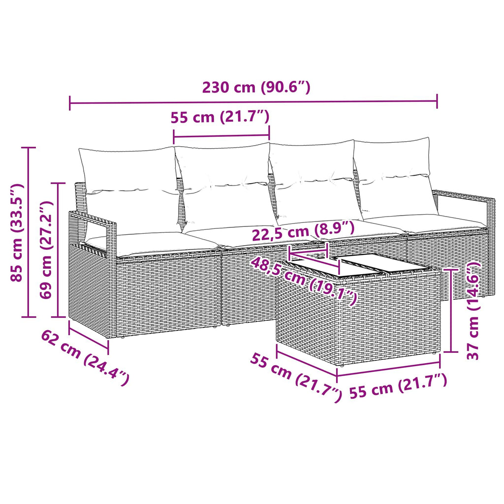 Sofa Set 5 pcs Braun und Rot Poly-Rattan