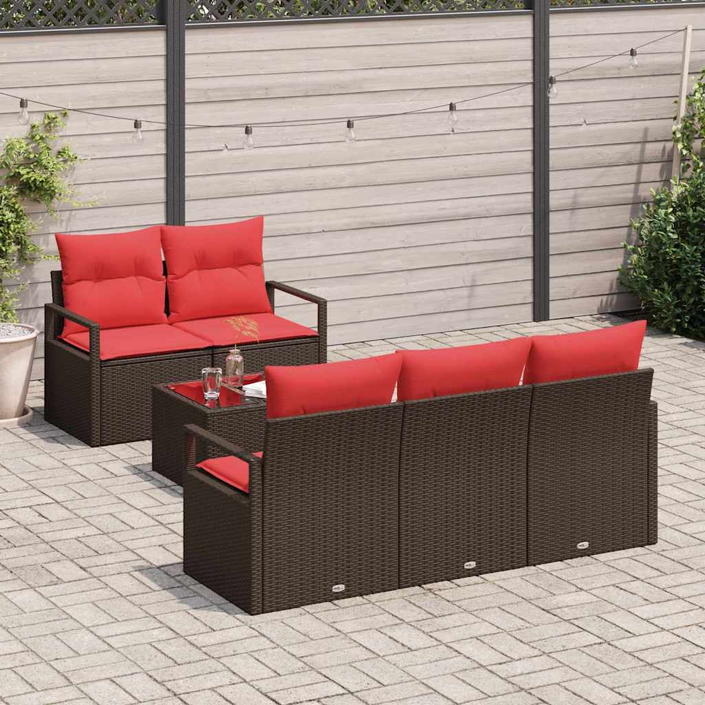 Sofa Set 6 pcs Braun und Rot Poly-Rattan