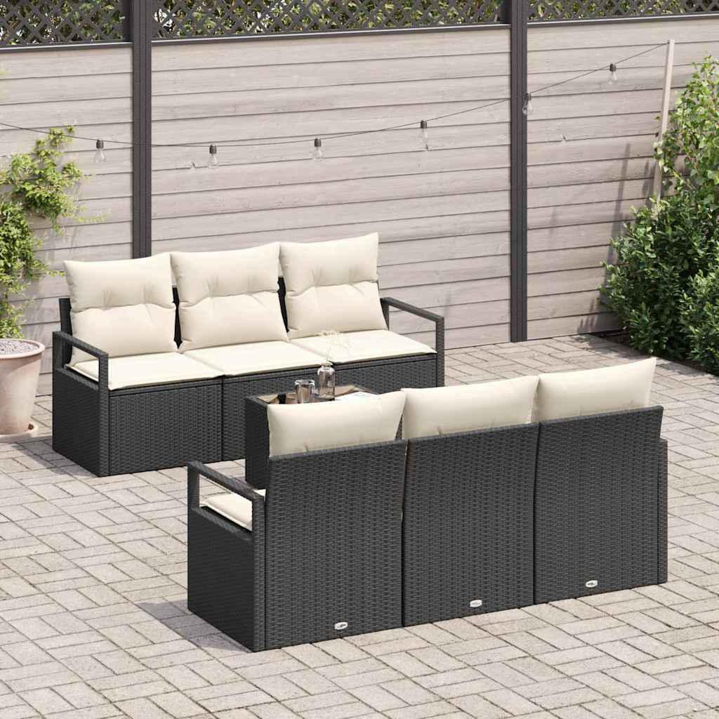 Sofa Set mit Kissen 7 pcs Schwarz und Creme Poly Rattan