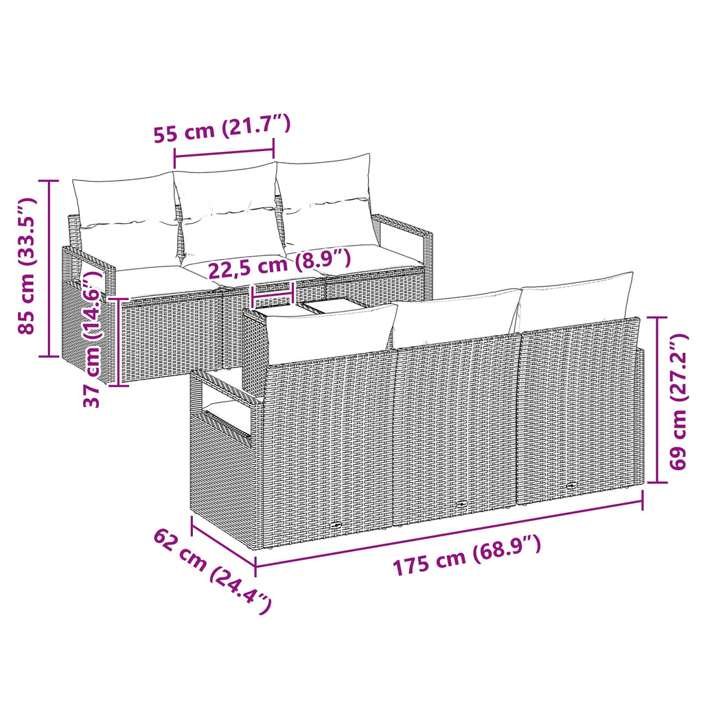 Sofa Set mit Kissen 7 pcs Grau und Marineblau Poly Rattan