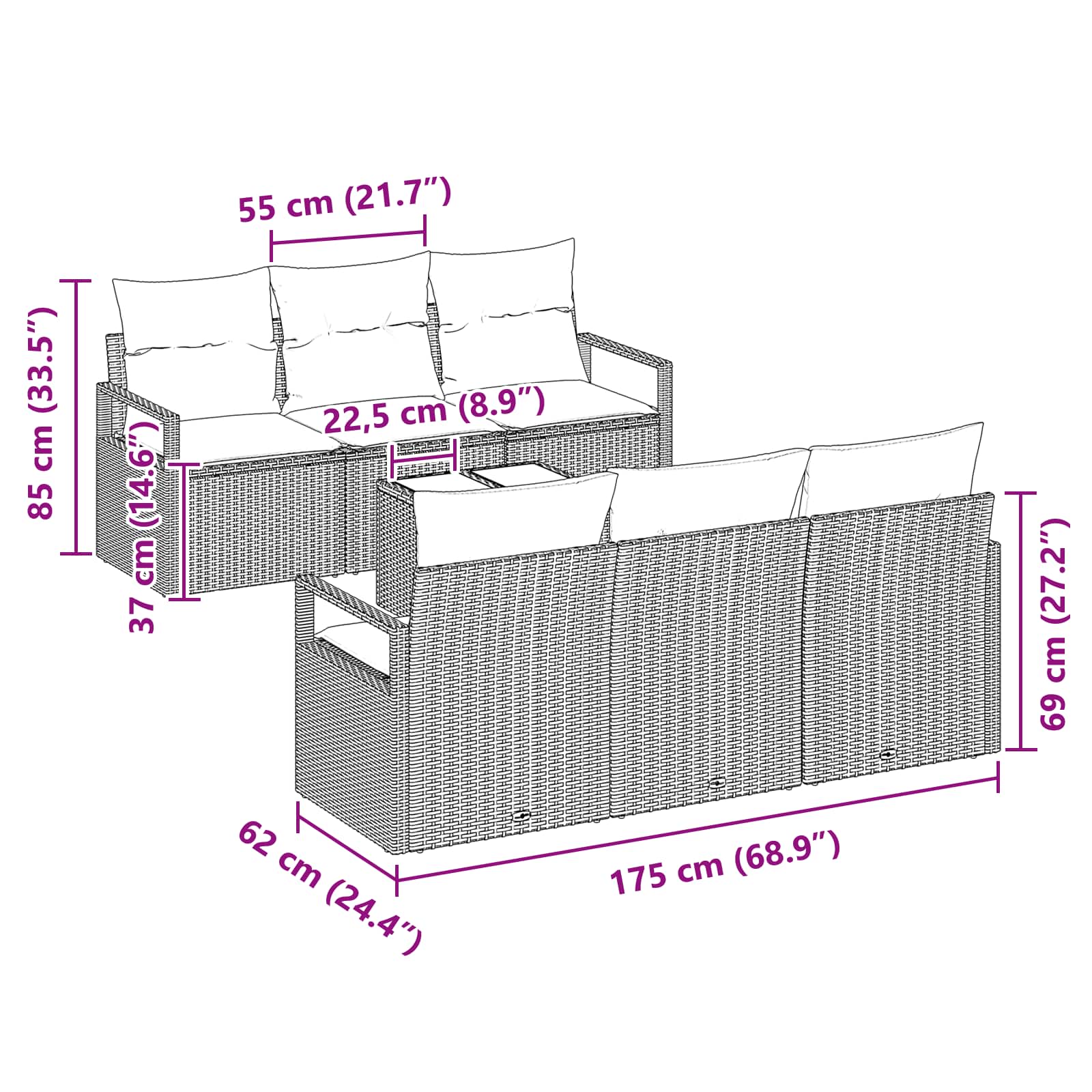 Sofa Set mit Kissen 7 pcs Grau und Marineblau Poly Rattan