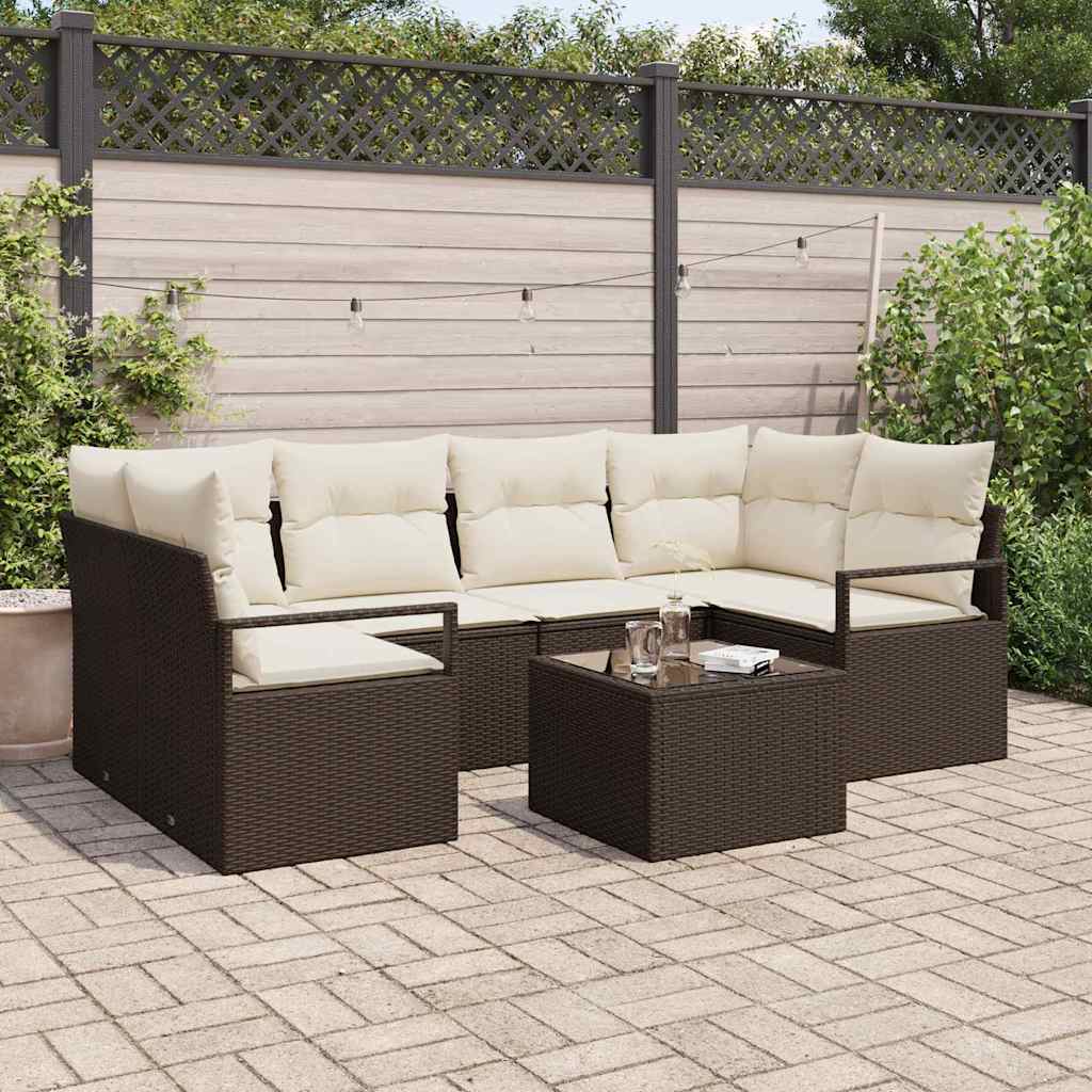 Sofa Set mit Kissen 7 pcs Braun und Creme Poly Rattan