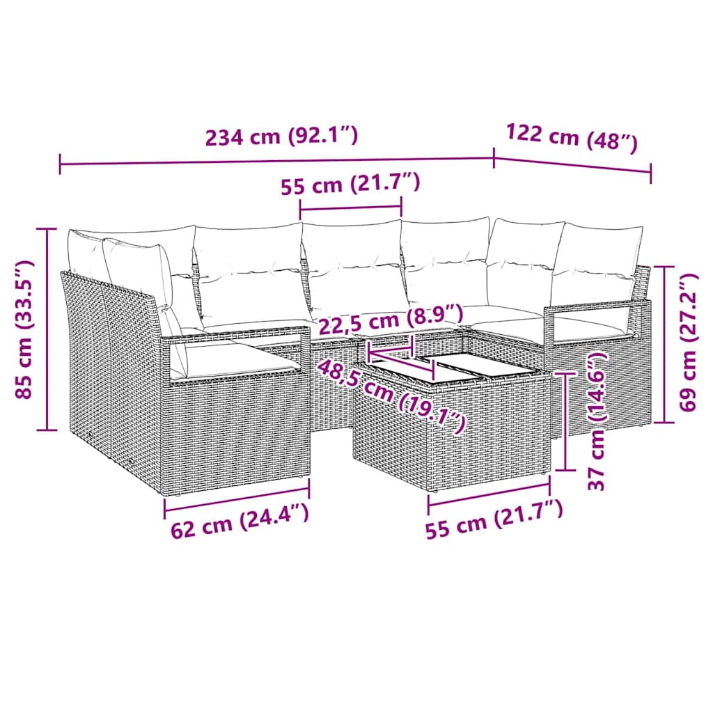 Sofa Set mit Kissen 7 pcs Braun und Creme Poly Rattan