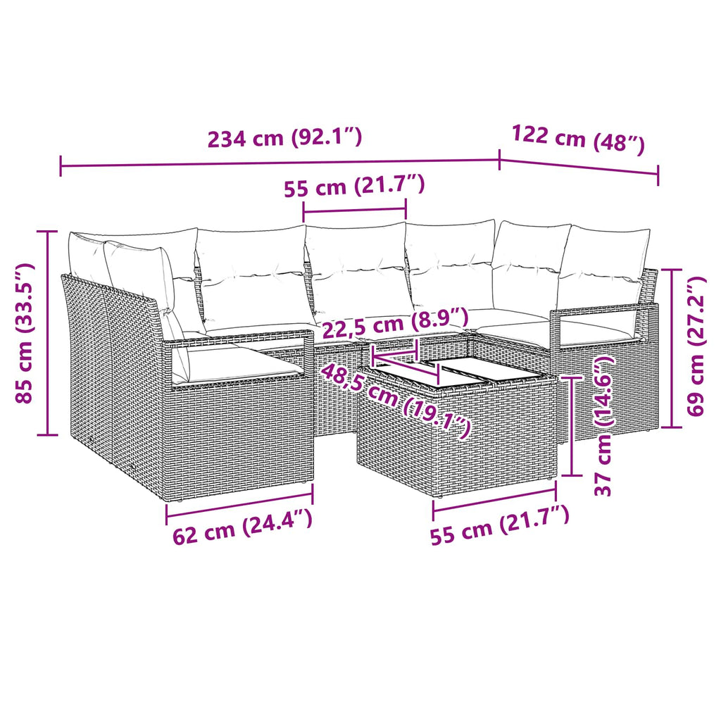 Sofa Set mit Kissen 7 pcs Braun und Rot Poly Rattan