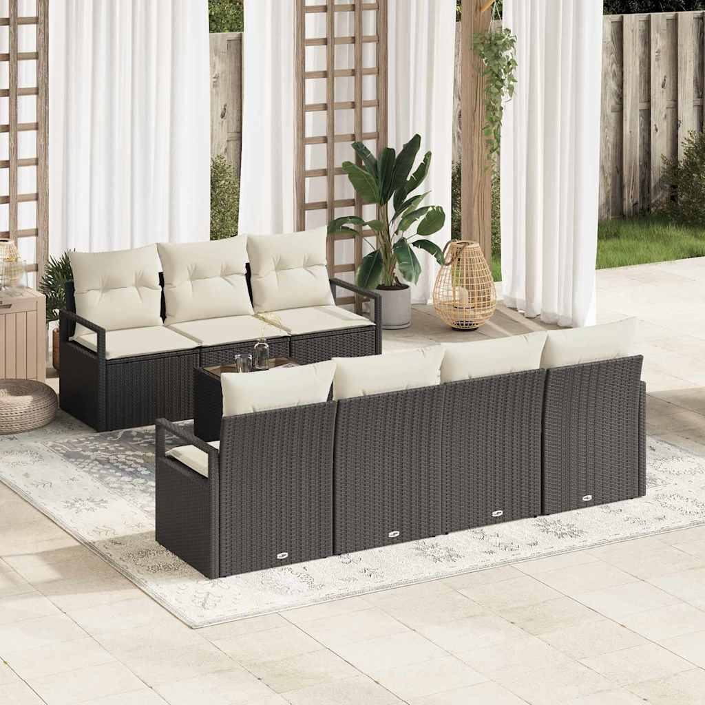 Sofa Set mit Kissen 8 pcs Schwarz und Creme Poly Rattan