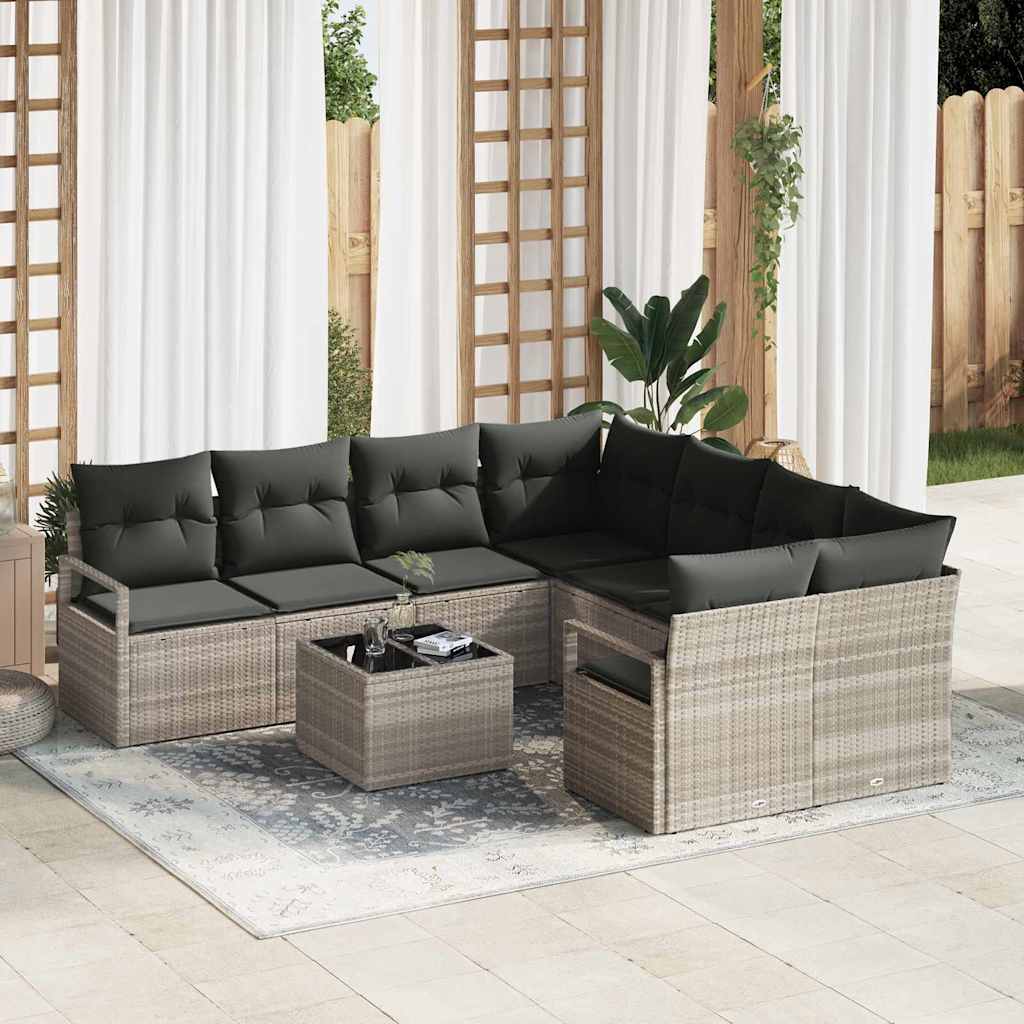 Sofa Set mit Kissen 9 pcs Hellgrau und Schwarz Poly Rattan