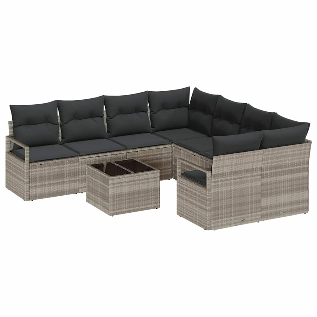 Sofa Set mit Kissen 9 pcs Hellgrau und Schwarz Poly Rattan