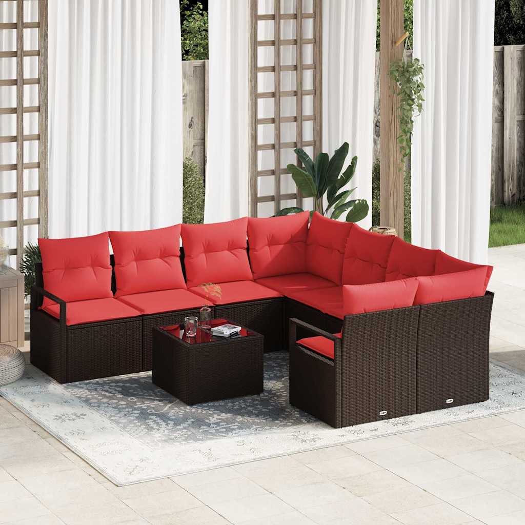 Sofa Set mit Kissen 9 pcs Braun und Rot Poly Rattan