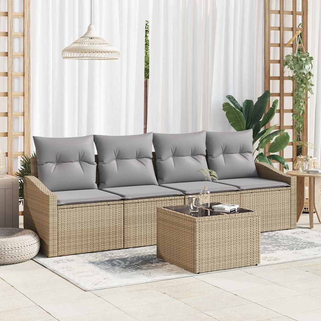 Sofa Set mit Kissen 5 pcs Beige und Hellgrau Poly Rattan
