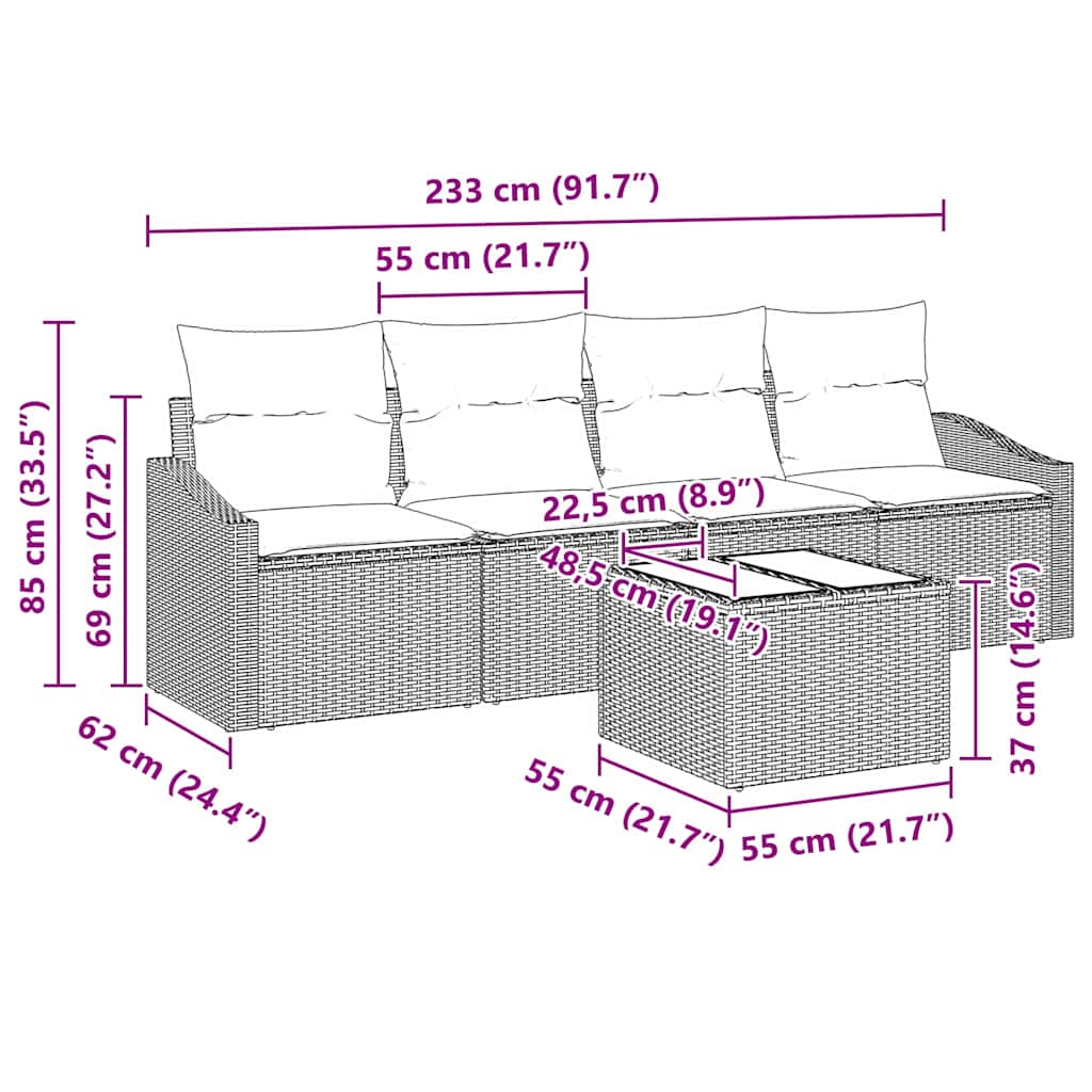 Sofa Set mit Kissen 5 pcs Beige und Hellgrau Poly Rattan