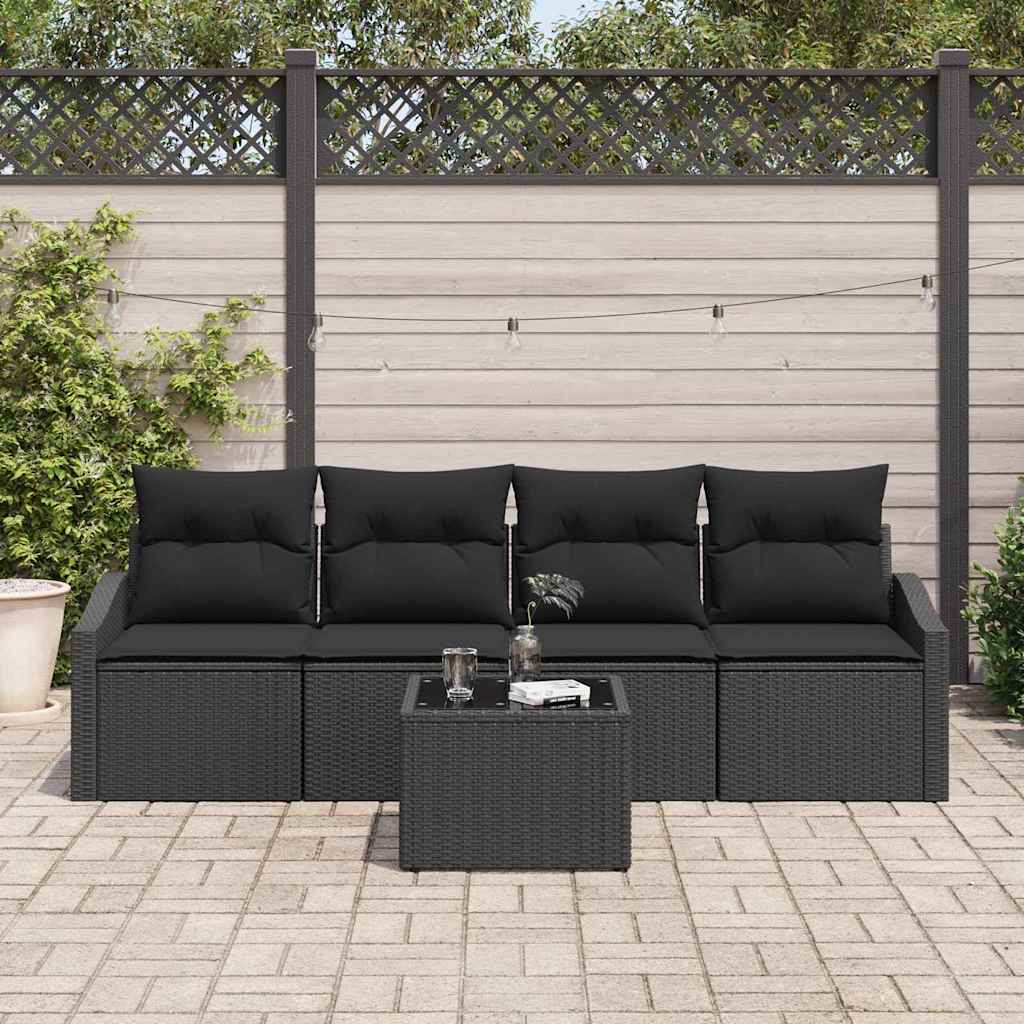 Sofa Set mit Kissen mit Kissen 5 pcs Schwarz Poly Rattan