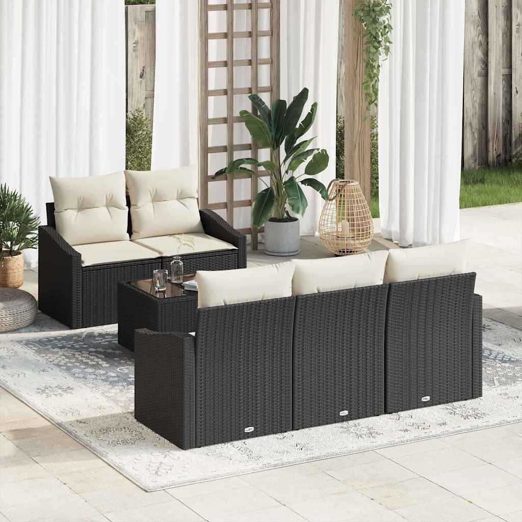 Sofa Set mit Kissen 6 pcs Schwarz und Creme Poly Rattan