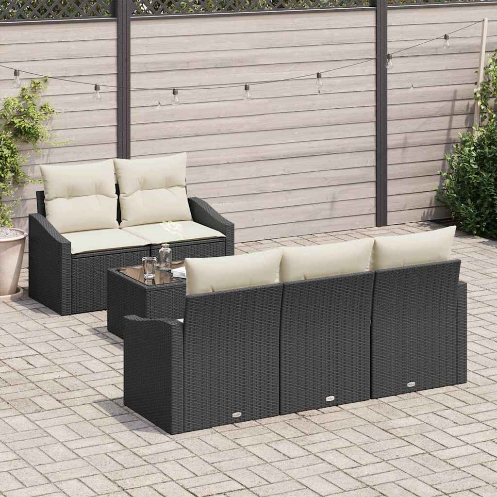 Sofa Set mit Kissen 6 pcs Schwarz und Creme Poly Rattan