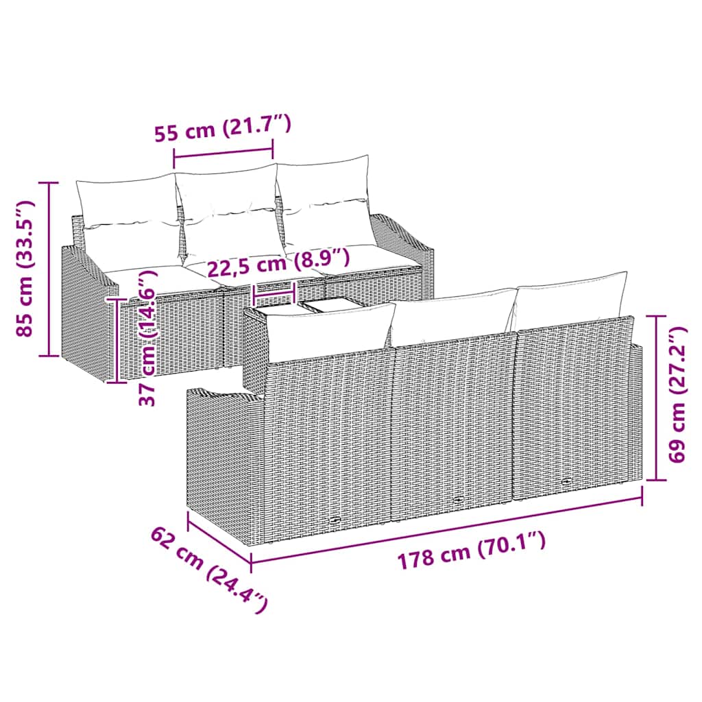 Sofa Set mit Kissen mit Kissen 7 pcs Schwarz Poly Rattan