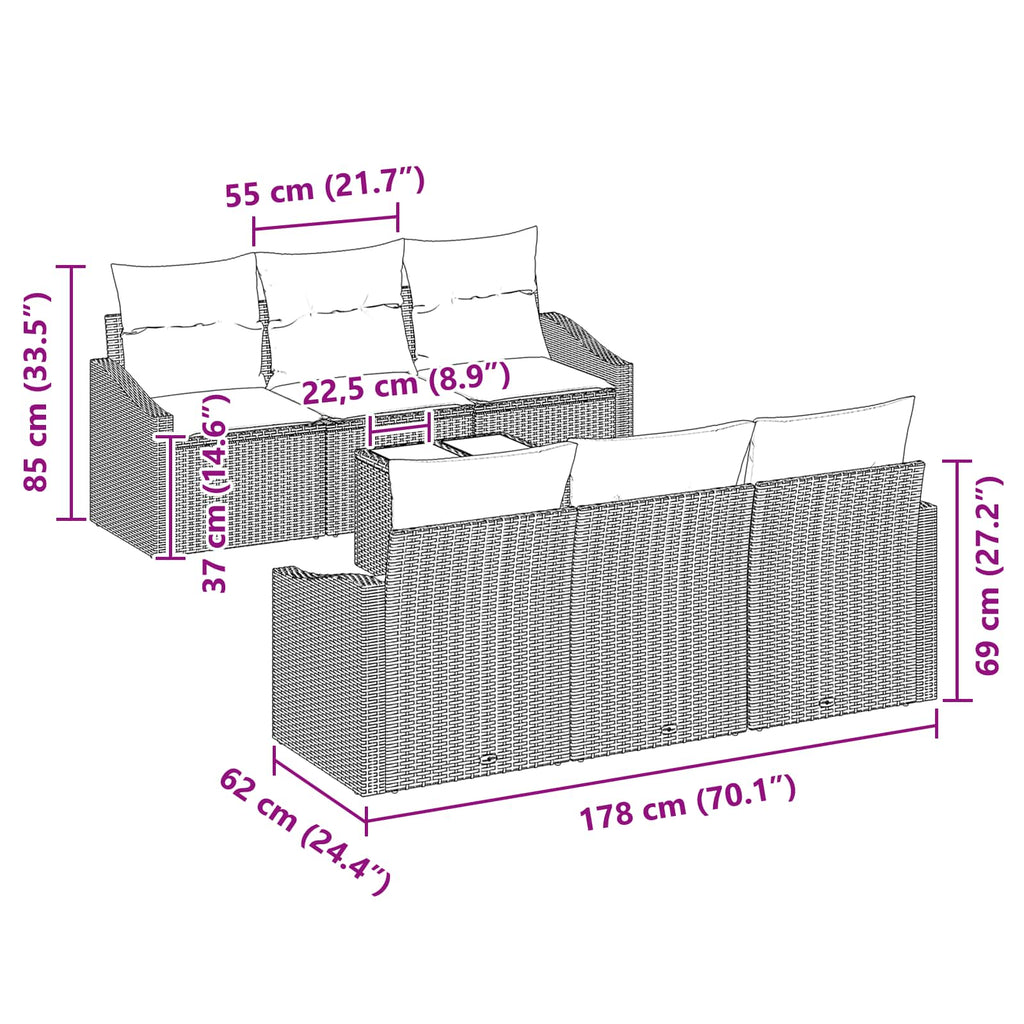Sofa Set mit Kissen 7 pcs Schwarz und Türkis Poly Rattan