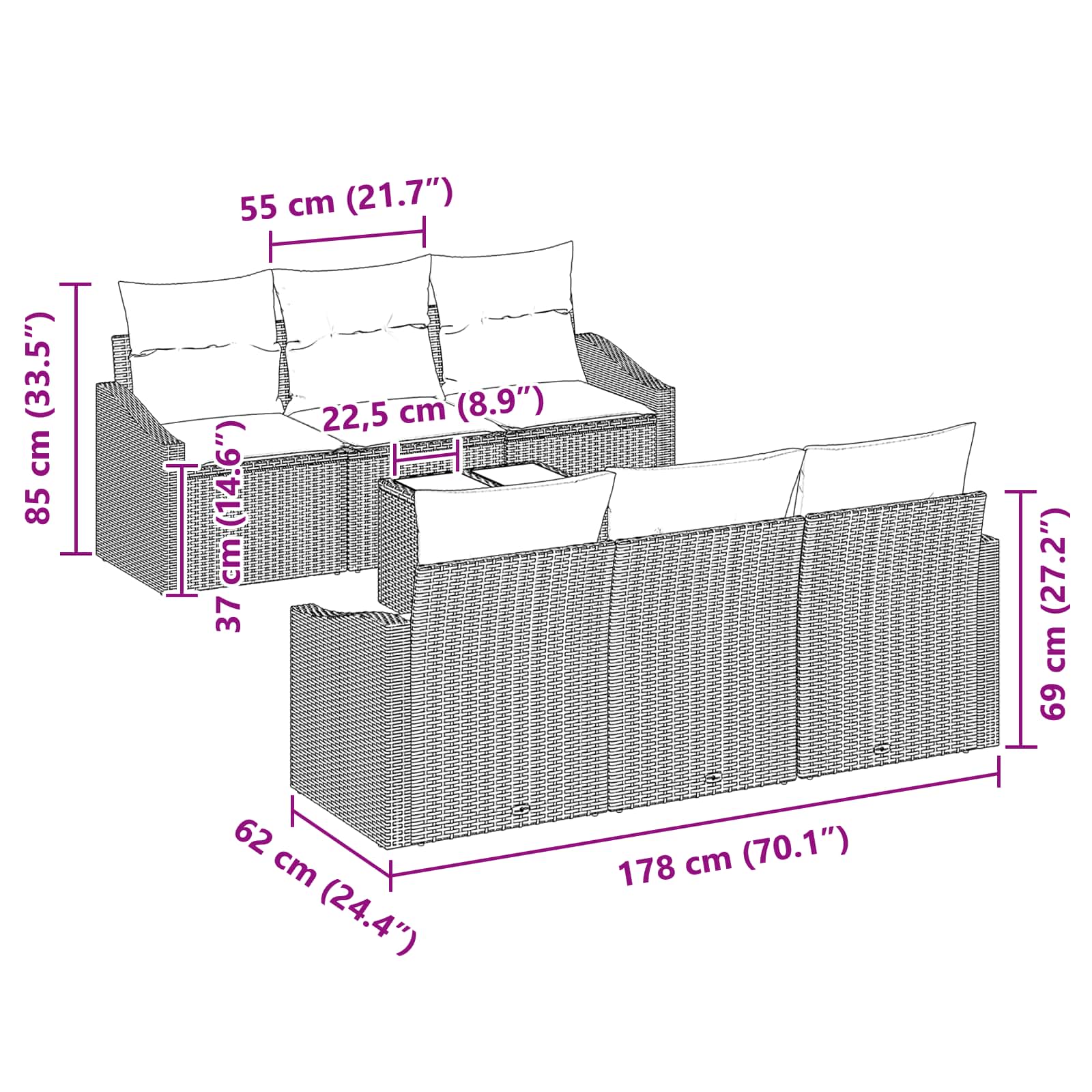 Sofa Set mit Kissen 7 pcs Schwarz und Türkis Poly Rattan