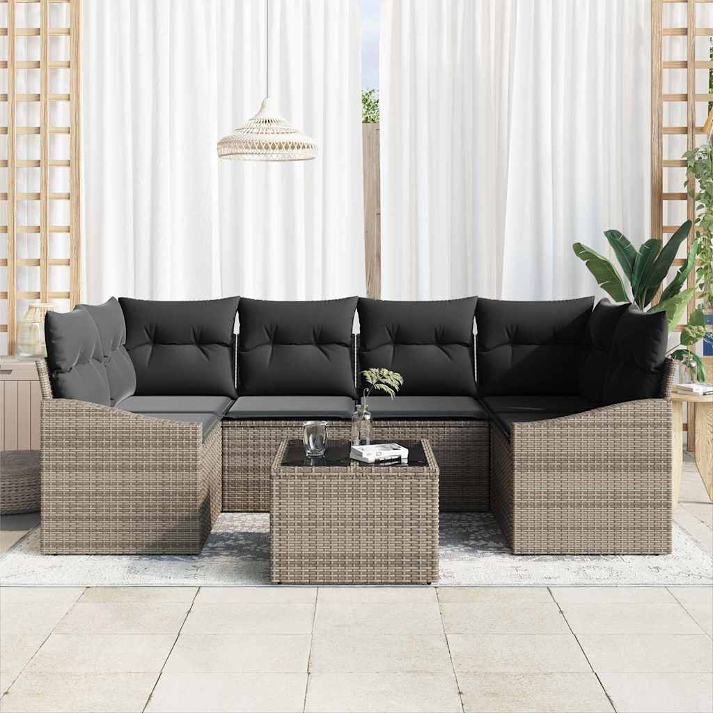 Sofa Set mit Kissen mit Kissen 7 pcs Grau Poly Rattan