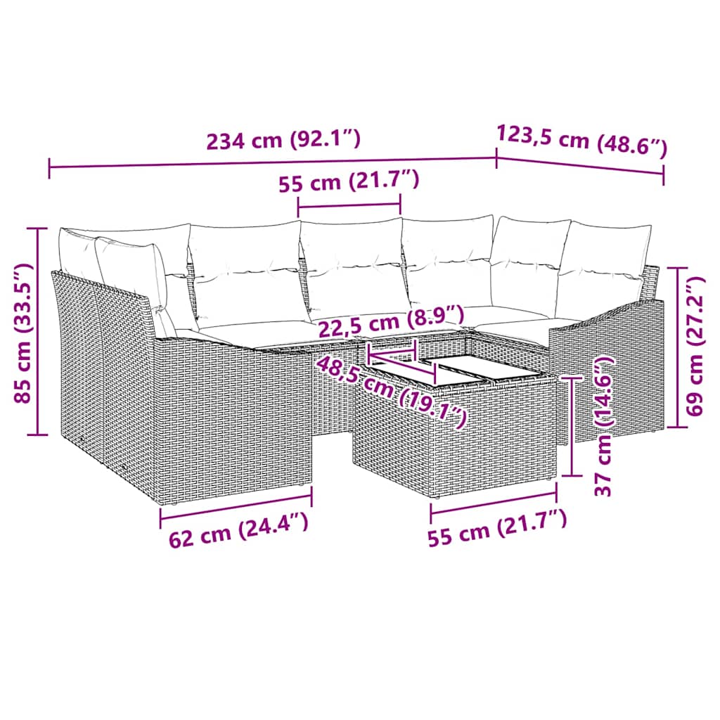 Sofa Set mit Kissen mit Kissen 7 pcs Hellgrau Poly-Rattan