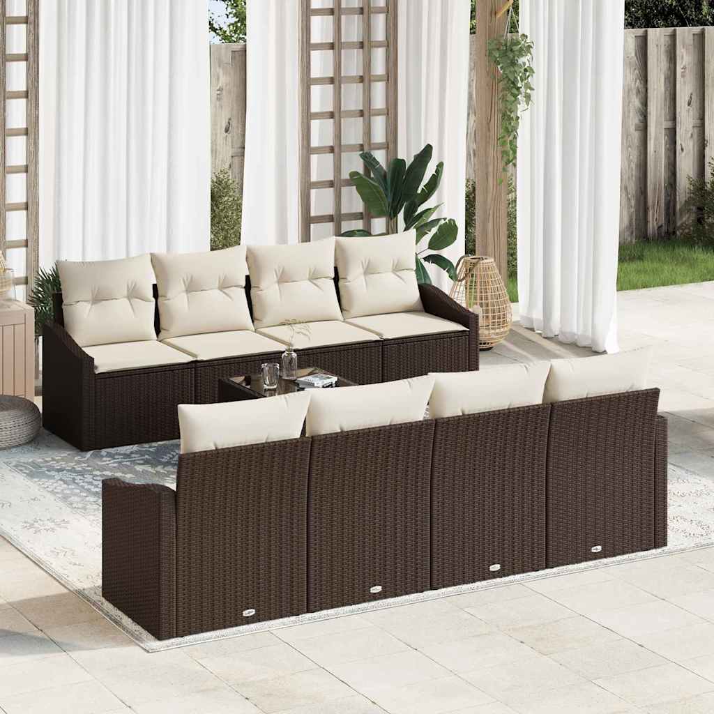 Sofa Set mit Kissen 9 pcs Braun und Creme Poly Rattan
