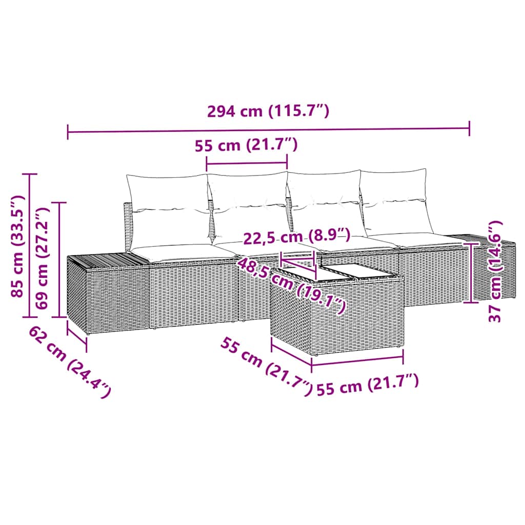 Sofa Set mit Kissen mit Kissen 5 pcs Hellgrau Poly Rattan