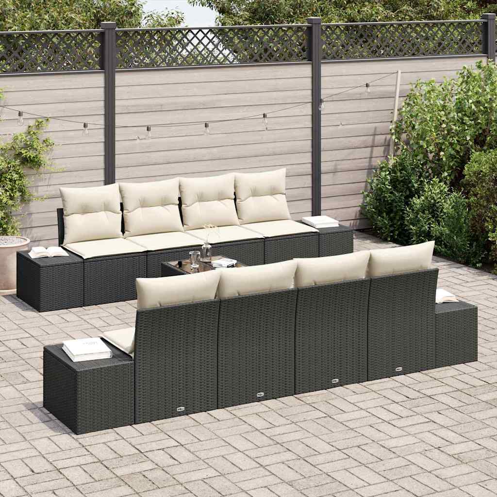 Sofa Set mit Kissen 7 pcs Schwarz und Creme Poly Rattan