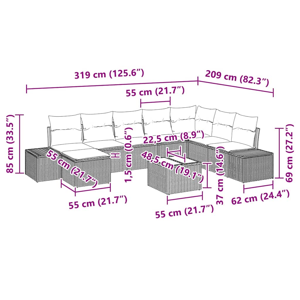 Gartensofa-set mit Kissen 9 pcs Schwarz Poly-Rattan