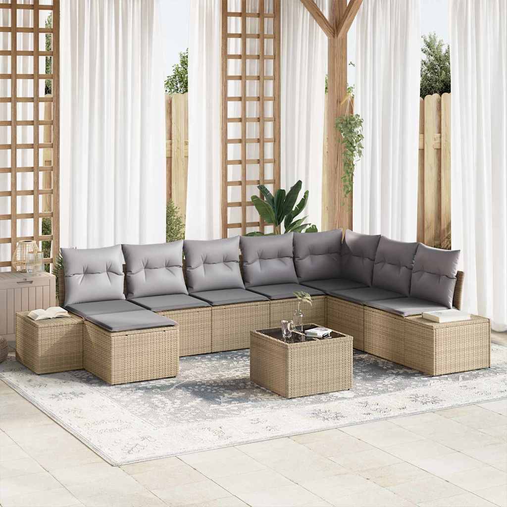 Gartensofa-set mit Kissen 9 pcs Beige Poly-Rattan