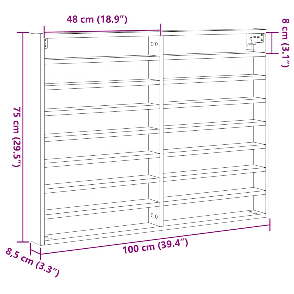 Vitrine Schwarz Eichen-Optik 100 x 8,5 x 75 cm Holzwerkstoff