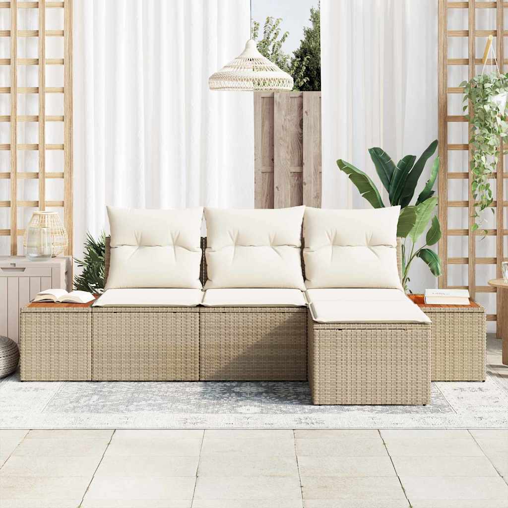 Garten-Sofa-Set mit Kissen mit Kissen 4 pcs Beige Poly-Rattan