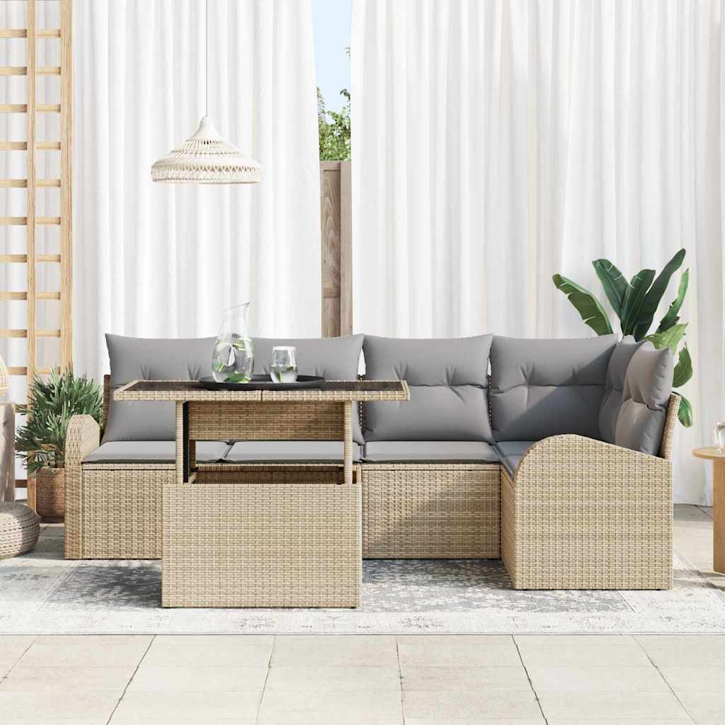 Gartensofa-set mit Kissen 6 pcs Beige und Hellgrau Poly-Rattan