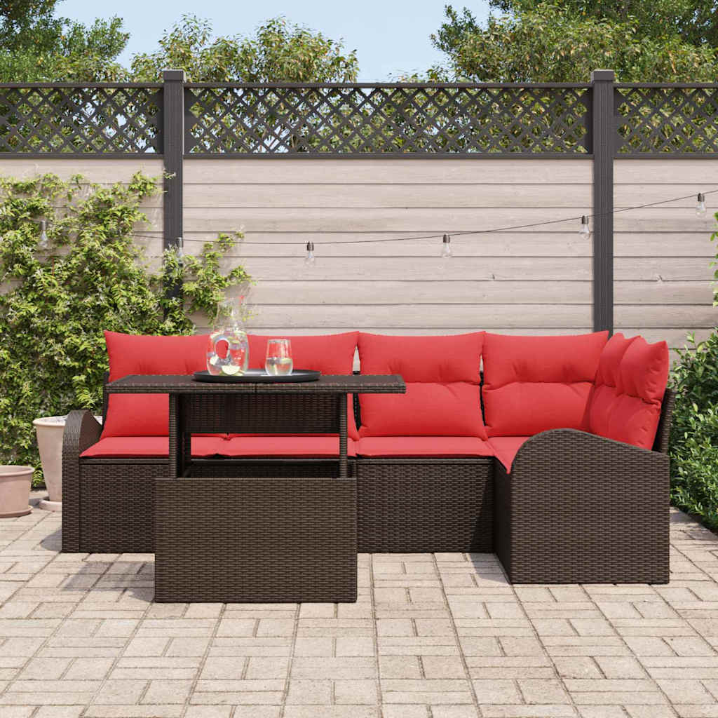 Garten-Sofa-Set mit Kissen 6 pcs Braun und Rot Poly-Rattan