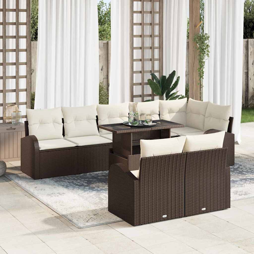 Gartensofa-set mit Speicher 9 pcs Braun und Creme Poly-Rattan