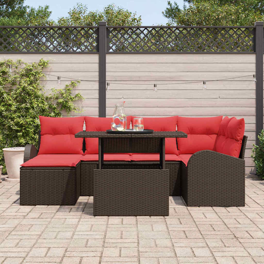 Gartensofa-set mit Speicher 7 pcs Braun und Rot Poly-Rattan