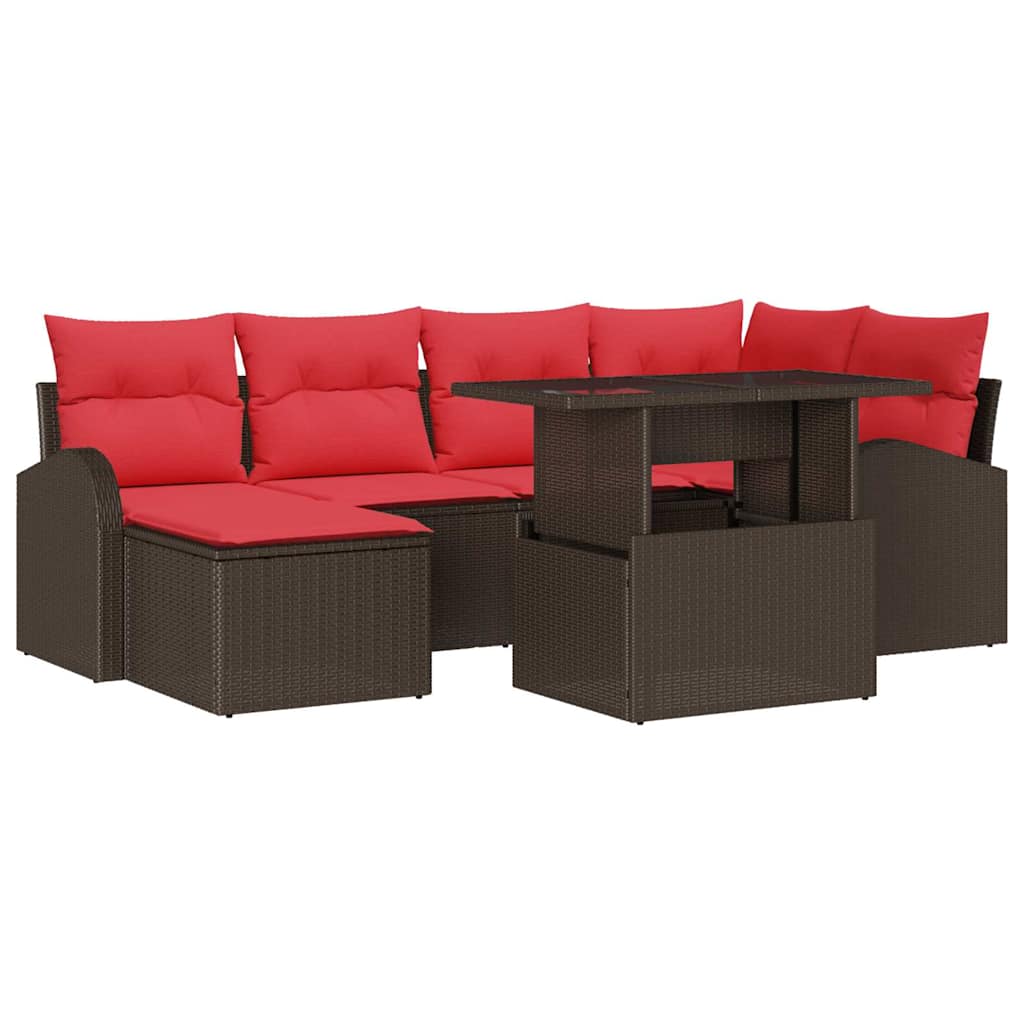 Gartensofa-set mit Speicher 7 pcs Braun und Rot Poly-Rattan