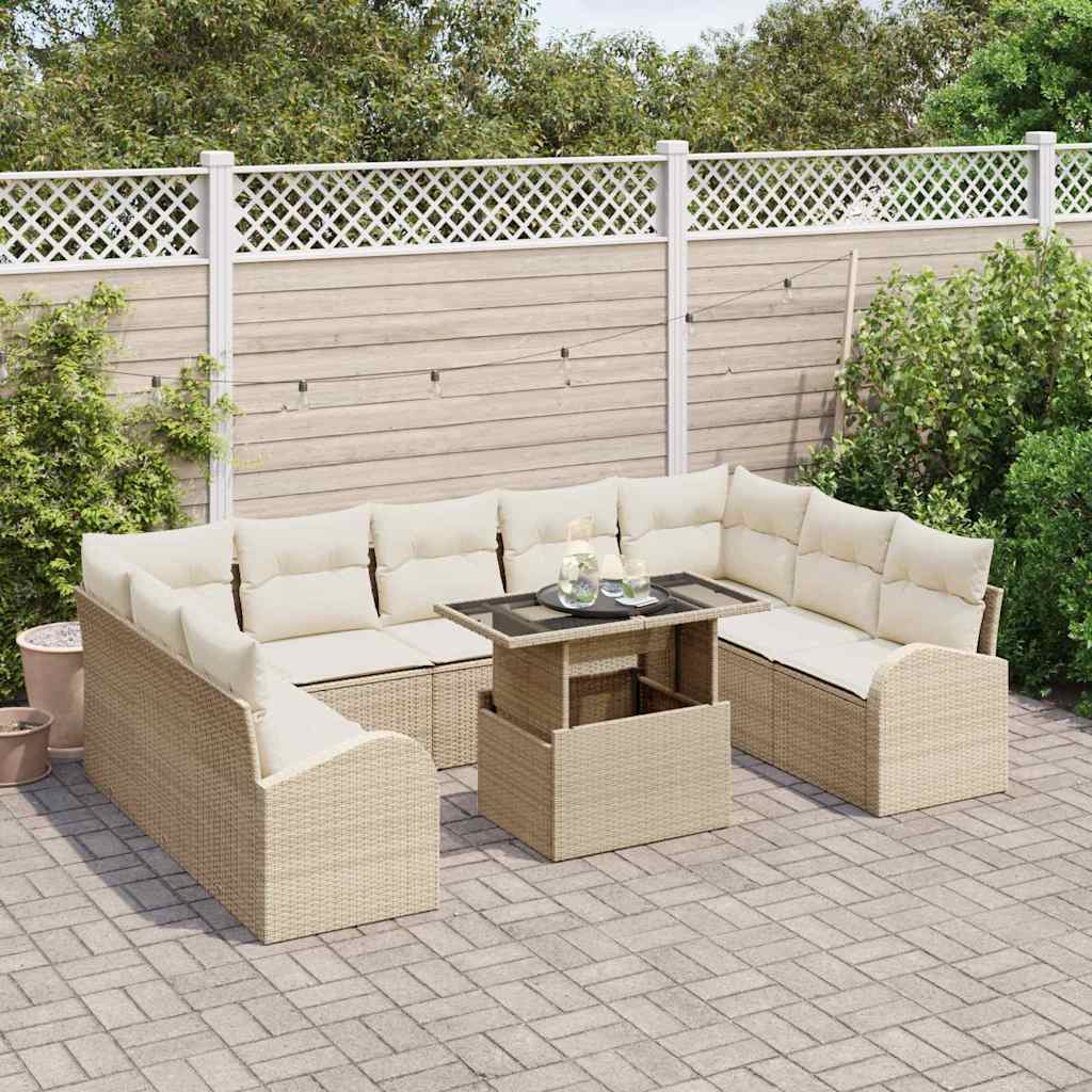 Gartensofa-set mit Speicher 10 pcs Beige und Creme Poly-Rattan
