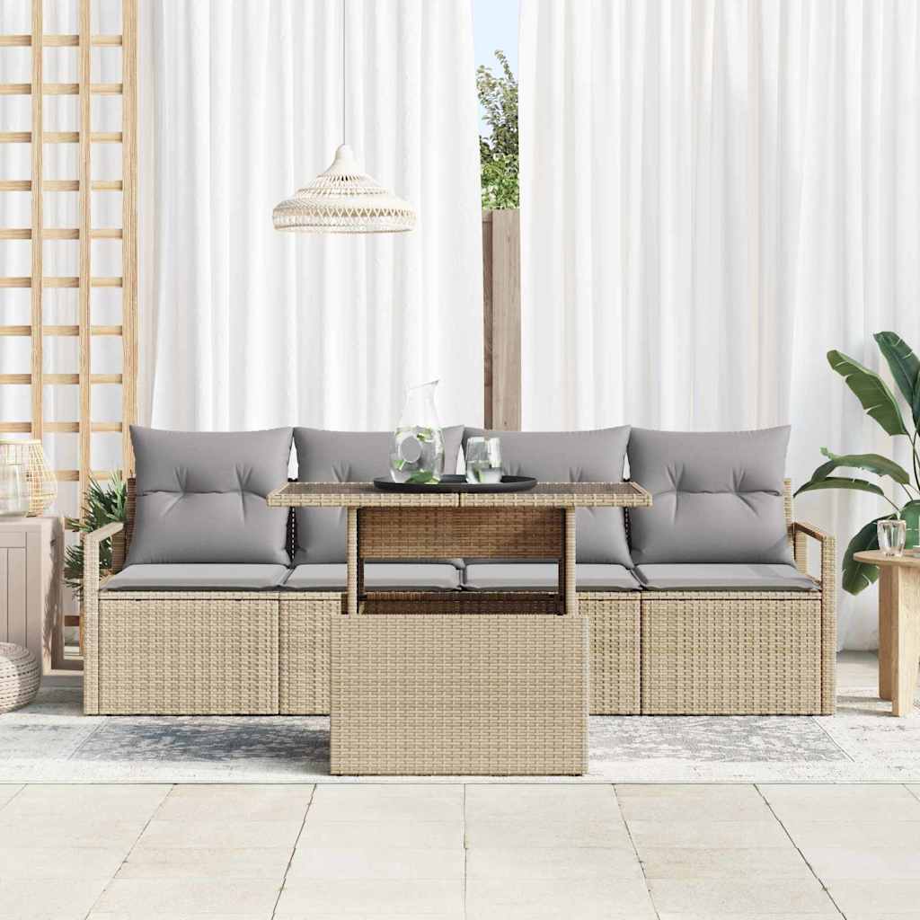 Gartensofa-set mit Speicher mit Kissen 5 pcs Beige Poly-Rattan