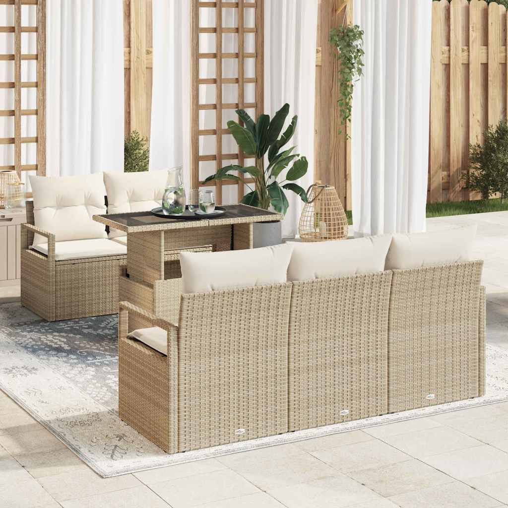 Gartensofa-set mit Speicher 6 pcs Beige und Creme Poly-Rattan