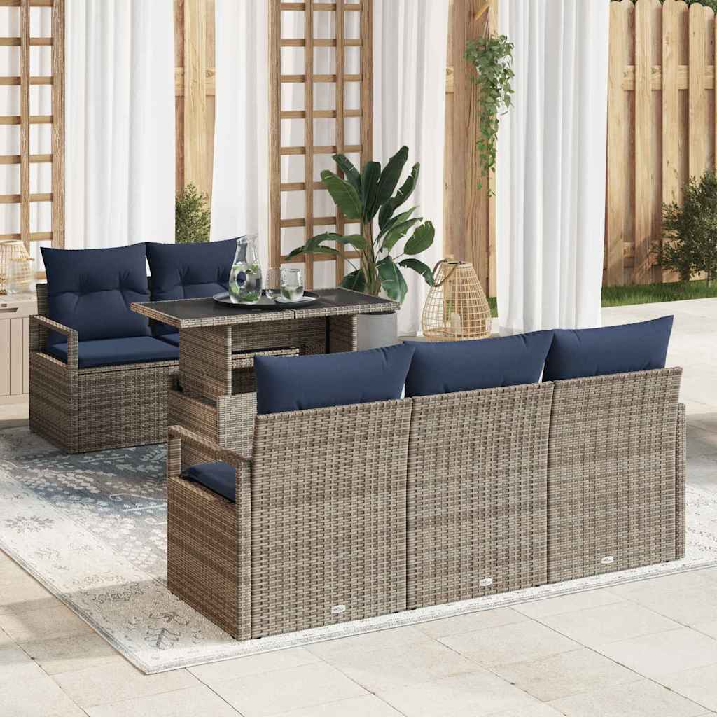 Gartensofa-set mit Speicher mit Kissen 6 pcs Grau Poly-Rattan
