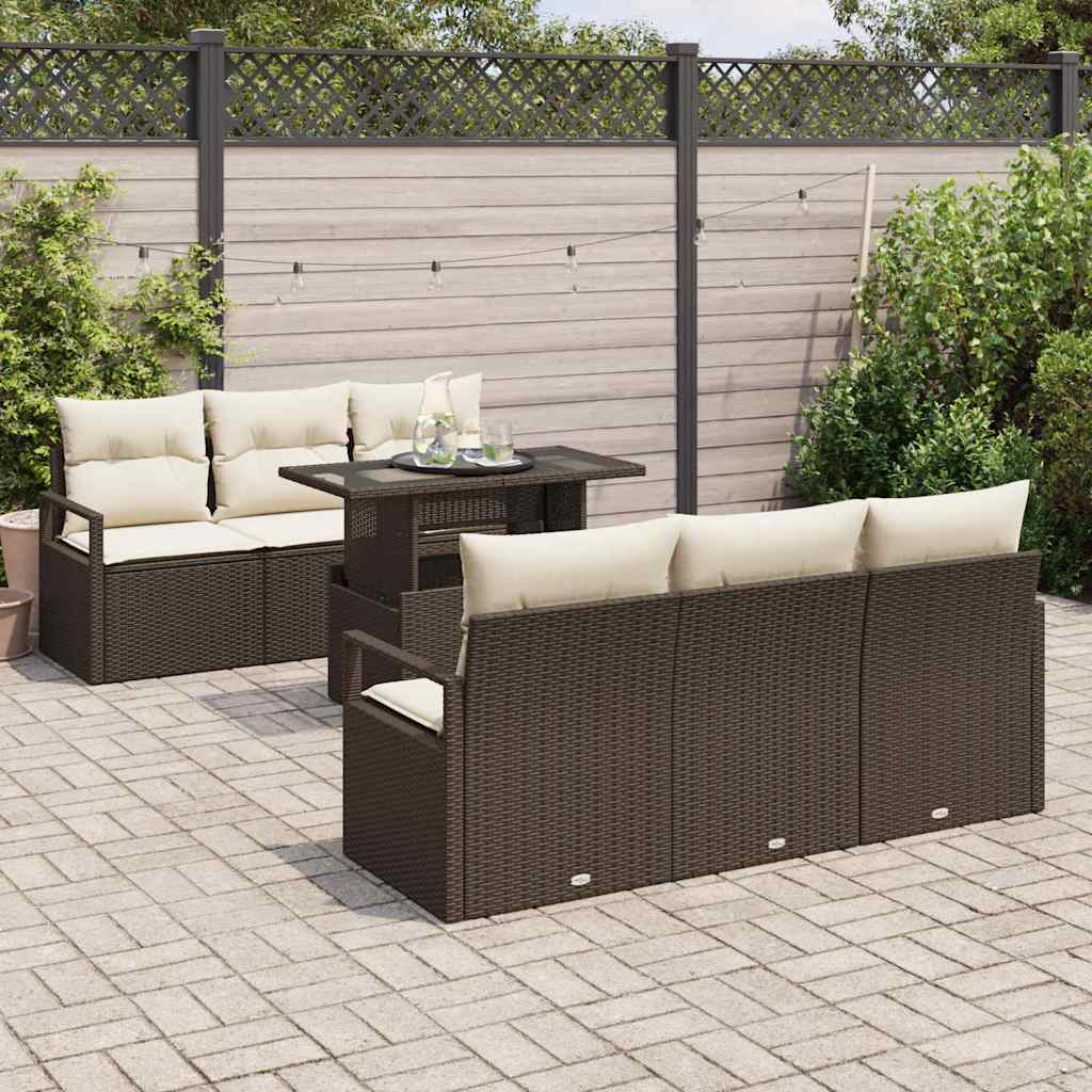 Gartensofa-set mit Speicher 7 pcs Braun und Creme Poly-Rattan