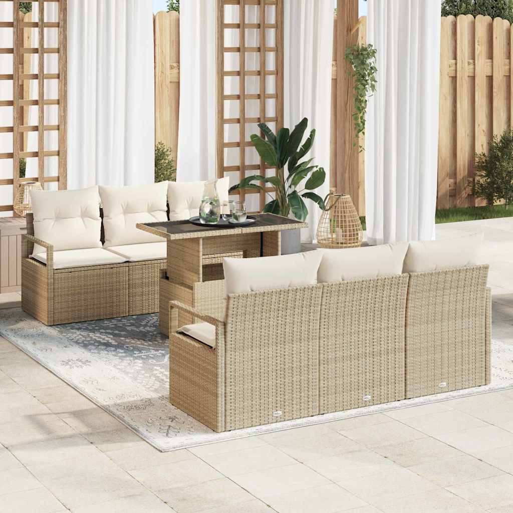 Gartensofa-set mit Speicher mit Kissen 7 pcs Beige Poly-Rattan