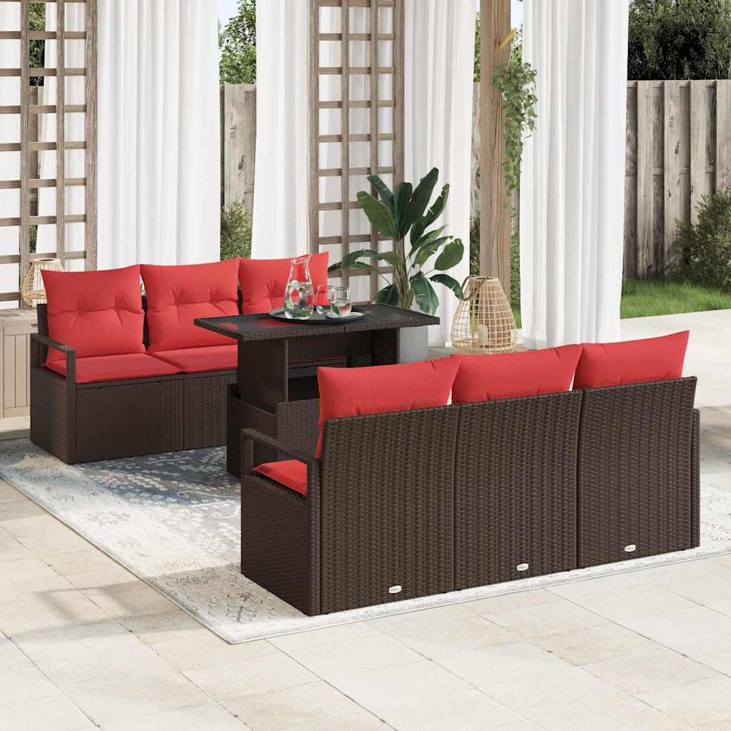 Gartensofa-set mit Speicher 7 pcs Braun und Rot Poly-Rattan