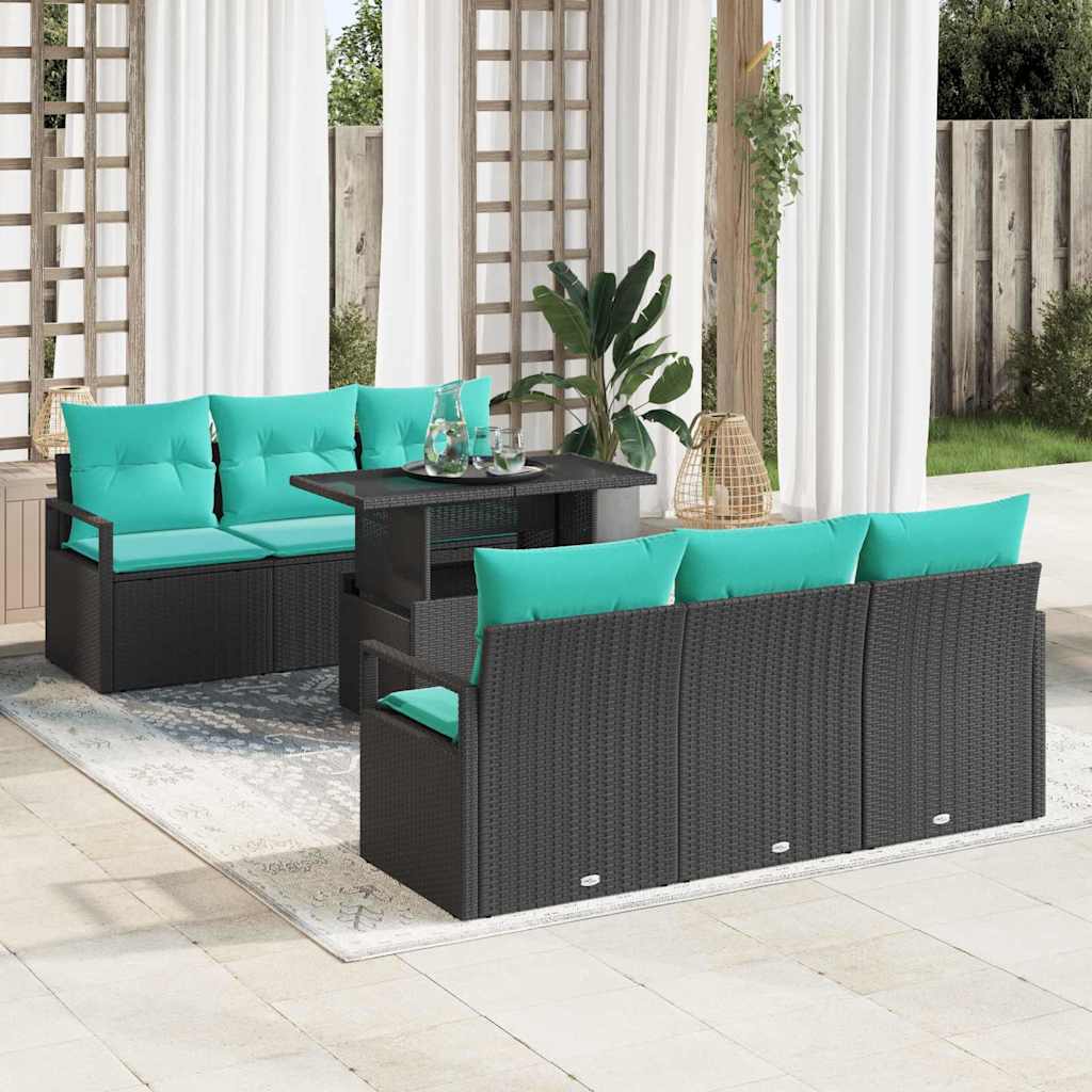 Gartensofa-set mit Speicher 7 pcs Schwarz und Blau Poly-Rattan
