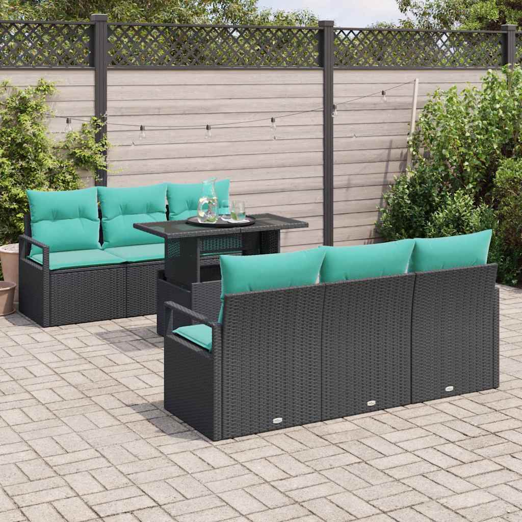 Gartensofa-set mit Speicher 7 pcs Schwarz und Blau Poly-Rattan
