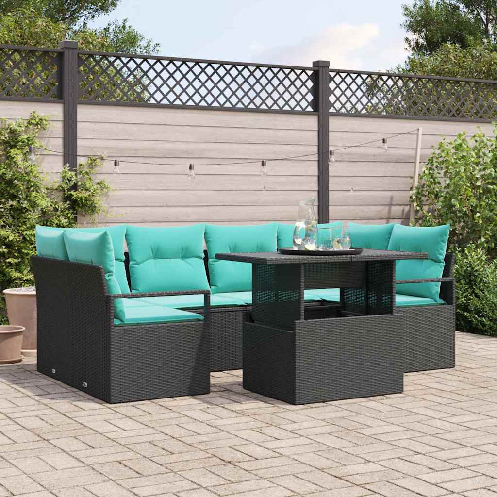 Garten-Sofa-Set mit Kissen 7 pcs Schwarz und Blau Poly-Rattan